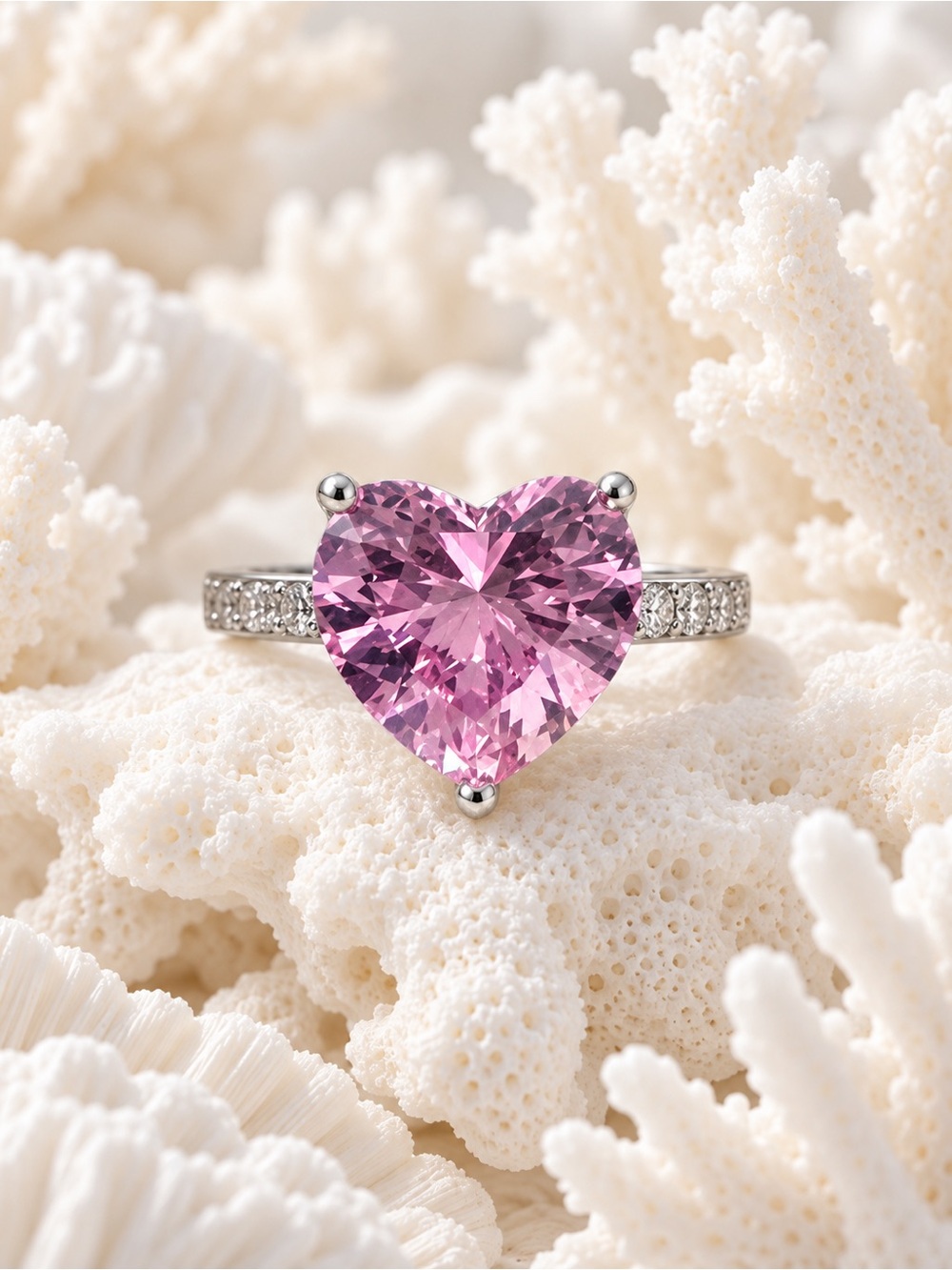Size 9 Silver Ring with Heart-Shaped Pink Crystal and Pavé Band